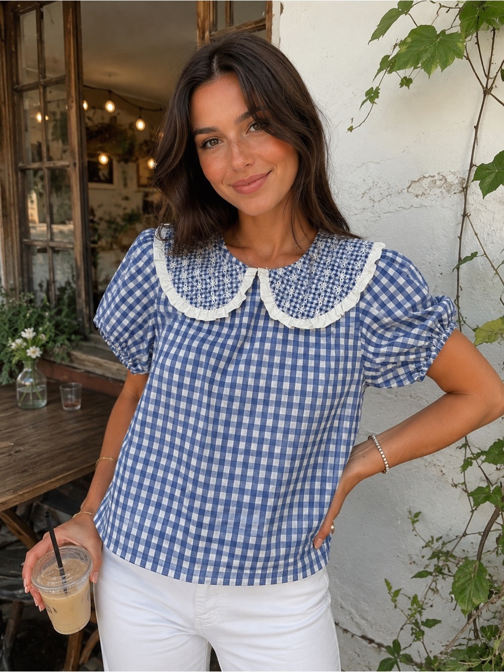VOY Boutique Blue Gingham Checkered Collared Puff Sleeve Blouse S